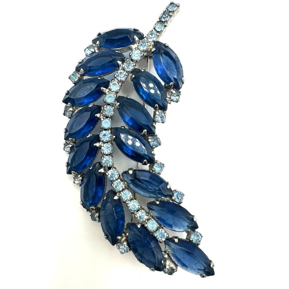 Vintage silver tone large Montana light blue glass rhinestones leaf brooch pin